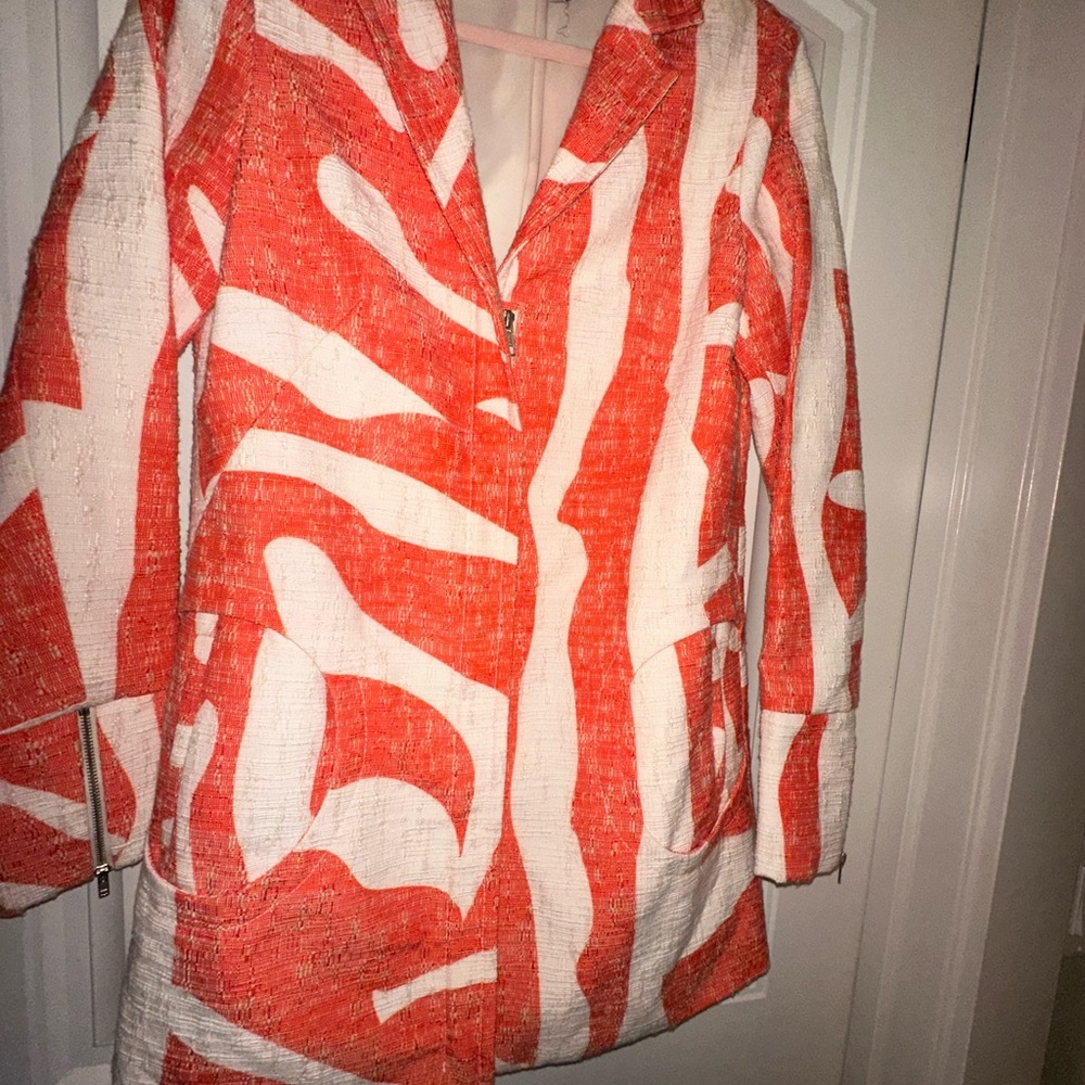 Pearl by Lela Rose Abstract Jacquard Coat Coral Cream Designer Jacket Size 4